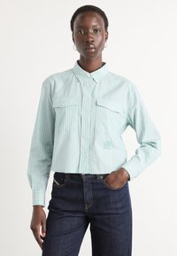 Ljusgrön randig kortkragad skjorta med två bröstfickor och en liten logotyp. Bärs med mörka jeans. Mjuk bomullsmaterial.