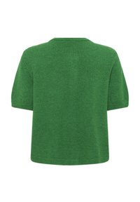 Zeleni pleteni top s kratkim rukavima, okruglim izrezom i opuštenim krojem. Glatka tekstura i ravnomjerna boja. Nema značajnih detalja.