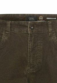Brown corduroy trousers with a button closure, belt loops, and standard pockets. Features textured fabric and a regular fit design.