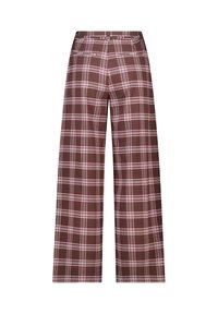 Brown plaid wide-leg trousers featuring a detailed check pattern in white and light pink, with two back pockets and a high waistband.