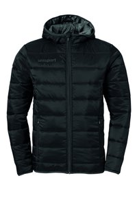 Schwarze Daunenjacke mit Kapuze, ausgestattet mit einem Reißverschluss, gestepptem Design, elastischen Bündchen und dezentem Branding auf der Brust.