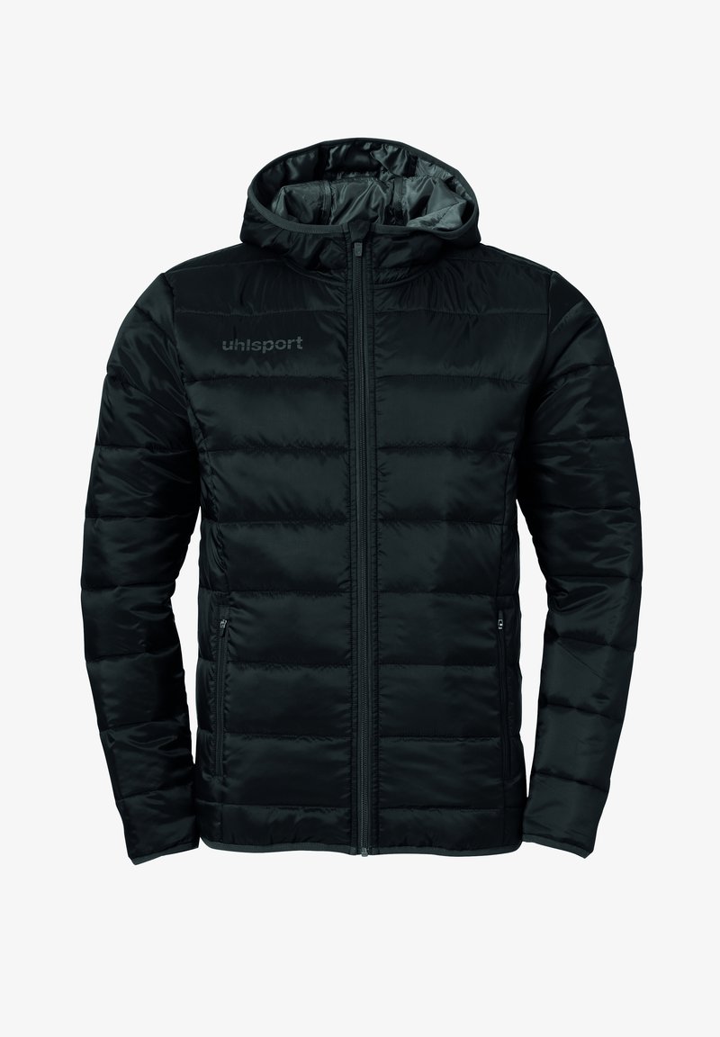 Sort puffer-jakke med hætte, med lynlåslukning, quiltet design, elastiske manchetter og diskret logo på brystet.