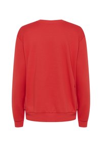 Red sweatshirt featuring a round neckline, long sleeves, and ribbed cuffs, with a smooth texture and relaxed fit. Back view shown.