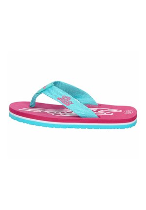 Rosa Flip-Flop mit türkisen Riemen und einem strukturierten Design. Verfügt über ein Logo an den Riemen und eine mehrschichtige Sohle mit einem kontrastierenden Rand.