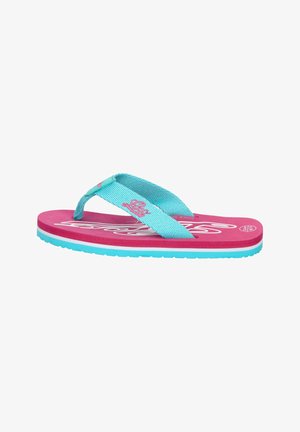 Rosa Flip-Flop mit türkisen Riemen und einem strukturierten Design. Verfügt über ein Logo an den Riemen und eine mehrschichtige Sohle mit einem kontrastierenden Rand.