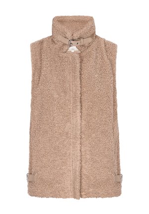 Chaleco de lana color marrón claro con cuello alto, cremallera delantera y detalles de cuero. Tejido suave y texturizado con una apariencia esponjosa y sin mangas.