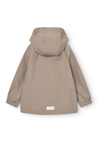 Ανοιχτό καφέ παιδικό αδιάβροχο μπουφάν με κουκούλα, ελαστικά μανίκια και μικρή ορθογώνια ετικέτα με το λογότυπο κοντά στο κάτω μέρος στην πλάτη.
