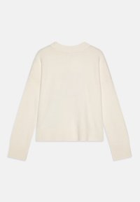 Kremfarget cropped genser med ribbestrikket kant og ermer. Myk stoff, rund hals og senkede skuldre. Glatt tekstur med minimal detaljering.