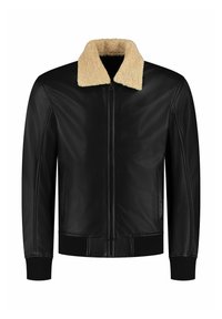 Schwarze Lederjacke mit Kunstpelzkragen, Frontreißverschluss, gerippten Bündchen und Saum. Glatte Textur, elegantes Design und minimalistischer Stil.