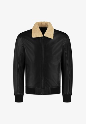 Schwarze Lederjacke mit Kunstpelzkragen, Frontreißverschluss, gerippten Bündchen und Saum. Glatte Textur, elegantes Design und minimalistischer Stil.