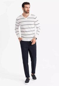 Maglione a polo a strisce bianche con colletto, abbinato a pantaloni blu scuro e scarpe nere slip-on. Design semplice con polsini a coste.