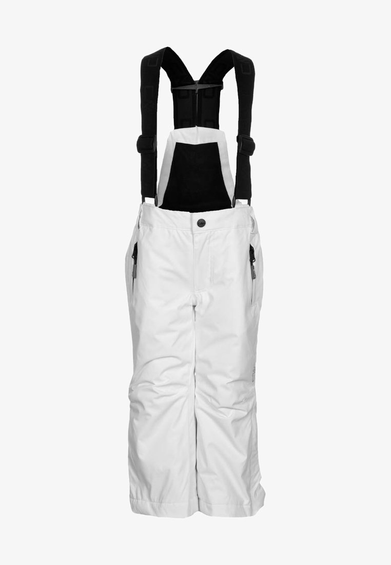 White snow pants with adjustable black straps, zippered pockets on the sides, and a waterproof material. Features a button closure at the waist.