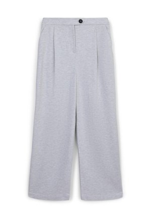 Pantalons à jambes larges gris clair en tissu doux, dotés de plis, d'une fermeture à bouton et de poches latérales pour plus de praticité.