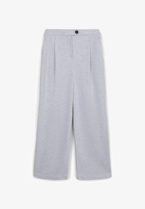 Pantalons à jambes larges gris clair en tissu doux, dotés de plis, d'une fermeture à bouton et de poches latérales pour plus de praticité.