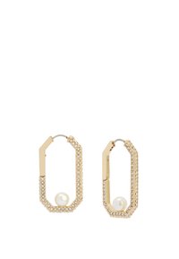 Orecchini a cerchio in oro con una forma geometrica, impreziositi da cristalli trasparenti e una singola perla bianca al centro.