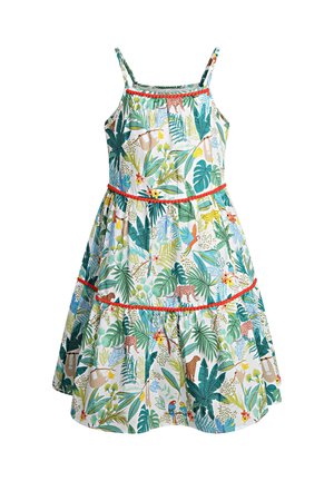 Sukienka w kwiatowy wzór, z zielonymi i czerwonymi kolorami, cienkimi ramiączkami, falbanami oraz motywem tropikalnych liści i zwierząt.