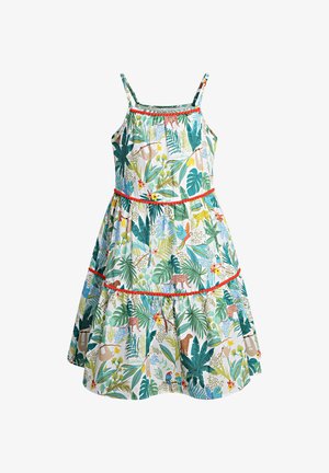 Sukienka w kwiatowy wzór, z zielonymi i czerwonymi kolorami, cienkimi ramiączkami, falbanami oraz motywem tropikalnych liści i zwierząt.