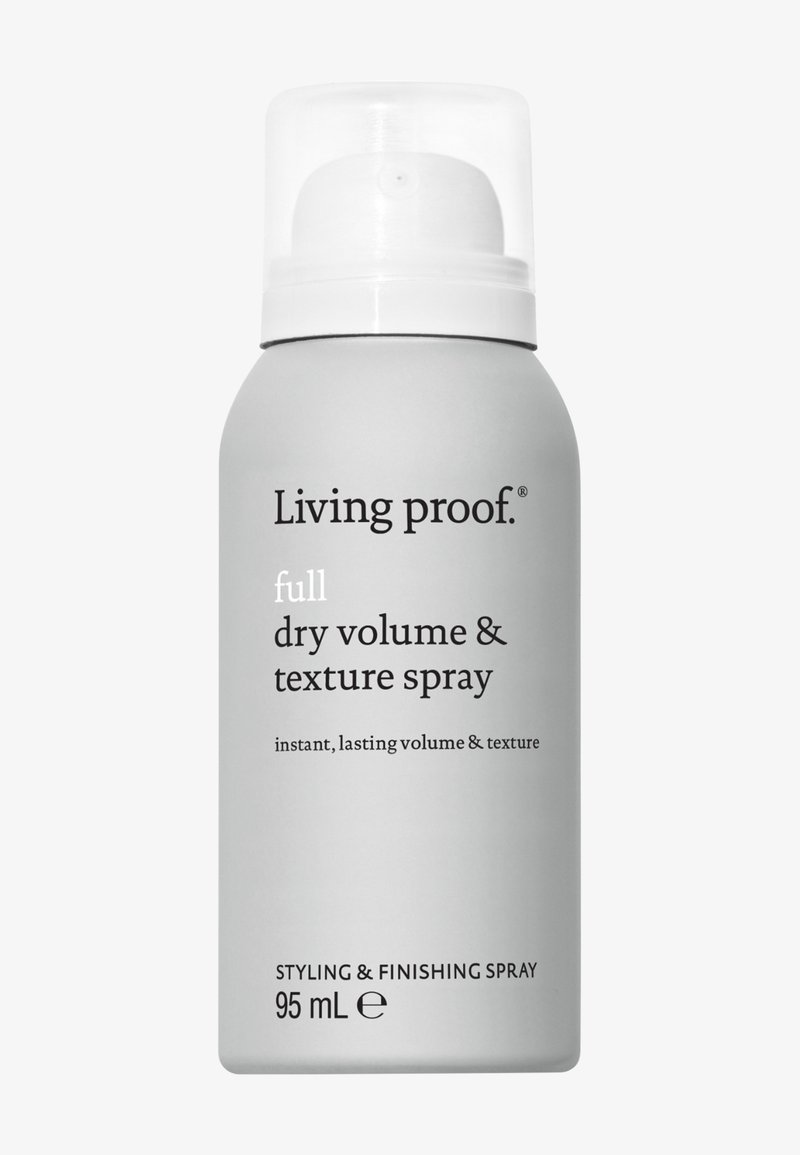 Spray Living Proof zapewniający pełną suchą objętość i teksturę w szarej butelce o pojemności 95 ml z białą nakrętką do stylizacji i wykończenia włosów.