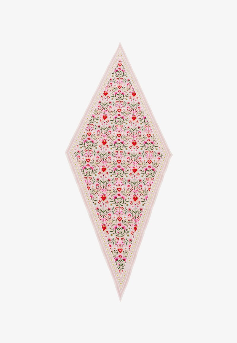 Foulard rose en forme de losange avec des motifs floraux répétitifs et des cœurs rouges, encadré par une bordure à pois sur un fond blanc.