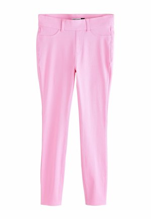Pink slim fit leggings med frontlommer, bæltestropper og en tætsiddende linning, vist mod en hvid baggrund.