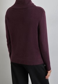 Pull col roulé bordeaux avec une texture douce, un col et un ourlet côtelés. Comprend des manches longues, une coupe légèrement ample et un design uni.