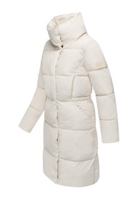 Puff parka coat in off-white. Features a high collar, quilted pattern, long sleeves, and side pockets. Soft, smooth fabric texture.