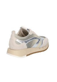 Lichtgrijze sneaker van suede en mesh materialen, met zilveren accenten en een dikke beige zool. Voorzien van een gevoerde kraag en textuurdetails.