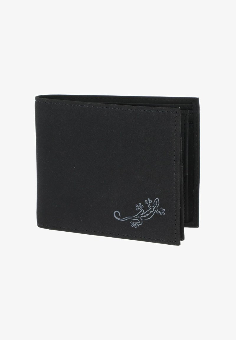Portefeuille noir bifold avec un logo discret de lézard embossé dans le coin inférieur droit sur un fond blanc uni.