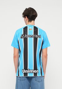 Jersey a rayas azul claro y negro con cuello redondo, que presenta los logos de los patrocinadores "banrisul" y "Unimed", y un pequeño detalle de bandera en la parte de atrás.