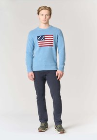 Maglione azzurro chiaro lavorato a maglia con un prominente disegno della bandiera americana; polsini e orlo a coste; abbinato a pantaloni blu scuro e sneakers verdi.