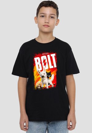 Black cotton t-shirt featuring a colorful graphic print of animated characters, including a dog and cat, with the text "BOLT" in bold.