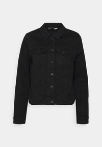 Veste en denim noir au design classique, avec un col, un fermoir à boutons sur le devant, deux poches poitrine et des manches longues.
