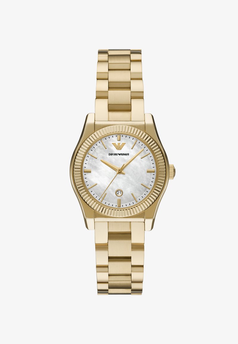 Zlaté kovové hodinky s kulatým ciferníkem, perleťovým displejem, zlatými značkami a okénkem pro datum. Disponují spojeným zlatým náramkem a texturovaným rámem.