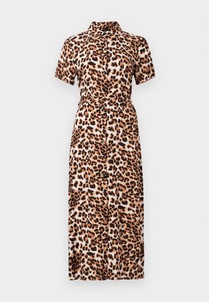 Leopard print midi dress with short sleeves, collar, button front, and cinched waist, made from lightweight fabric with a smooth texture.