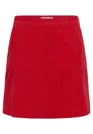Roter Cord-Miniskirt mit einer taillierten Taille, vertikaler Rippstruktur, geradem Schnitt und seitlichem Schlitzdetail.