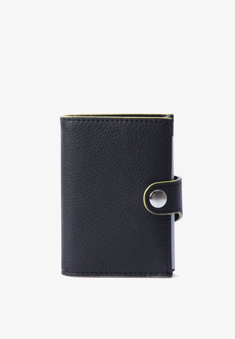 Black leather wallet with a textured finish, featuring a snap button closure and contrasting green interior edges. Rectangular shape.