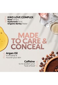 KIKO Love Complex ingredients with rose extract, hyaluronic acid, organic barley water, argan oil, and caffeine with oil and coffee visuals.