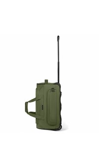 Borsa a viaggio verde con ruote, manico telescopico estensibile e tasca frontale con doppia zip su sfondo bianco.