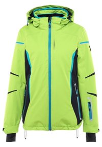Světlě zelená zimní bunda s předním zipem, nastavitelnou kapucí, černými akcenty, modrým lemem, několika zipovými kapsami a strukturovaným povrchem.
