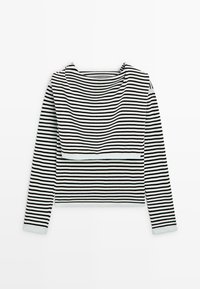 Sort-hvid langærmet trøje med horisontale striber og bred bådhals, lagt fladt på en hvid baggrund.