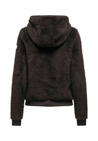 Brun fleece hættetrøje med en tekstureret, fluffy overflade; har hætte og ribbede manchetter og kant; cropped design med lange ærmer.