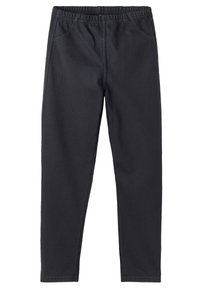 Czarne zwężane spodnie z denimu. Elastyczny pas, pięć kieszeni i przeszycia wzdłuż szwów. Gładka tekstura.