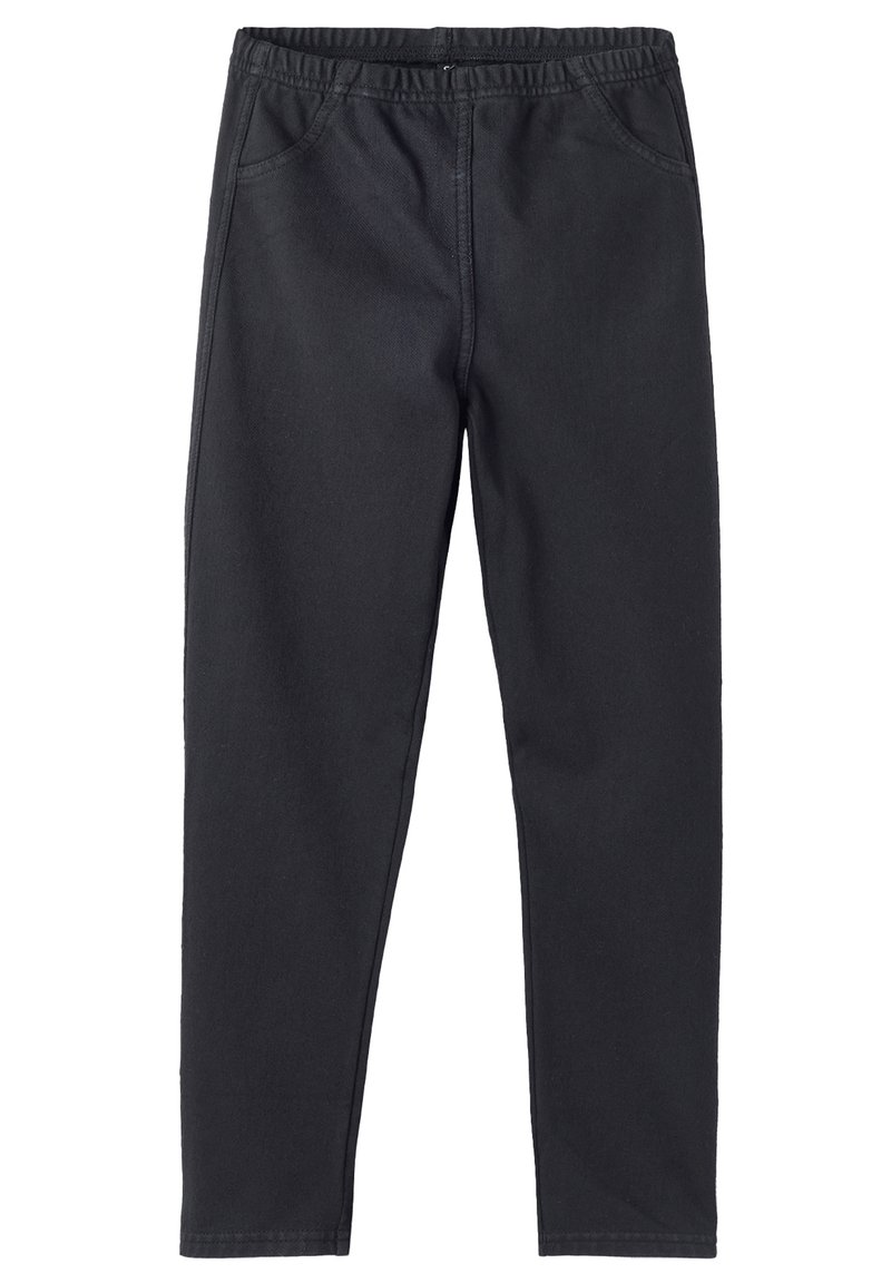 Czarne zwężane spodnie z denimu. Elastyczny pas, pięć kieszeni i przeszycia wzdłuż szwów. Gładka tekstura.