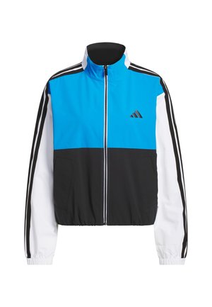 Modrá, čierna a biela bunda so zipsom a elastickými manžetami. Na rukávoch sú tri pruhy a na hrudi logo. Vyrobená z ľahkého materiálu.