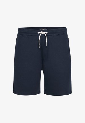 Navyblå shorts med hvid snor, elastisk talje og sidelommer, vist på en hvid baggrund.