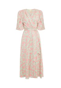 Kwiatowa sukienka w odcieniu jasnej zieleni z różowymi wzorami kwiatów, z bufiastymi rękawami, dekoltem w kształcie litery V i wiązanym pasem dla regulowanego dopasowania.