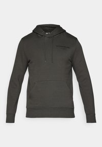 Donkergrijze sweatshirt met een voorste kangoeroezak, capuchon en trekkoorden. Bevat een logo op de voorkant in het zwart, gemaakt van zachte stof.
