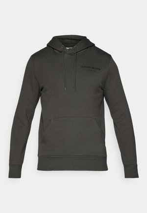 Dark gray sweatshirt with a front kangaroo pocket, hood, and drawstrings. Features a front logo in black, made from soft fabric.