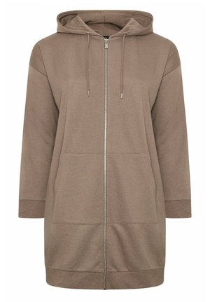 Lang brun hættetrøje med lynlås foran, snoretræk, kængurulomme samt ribstrikkede manchetter og kant.