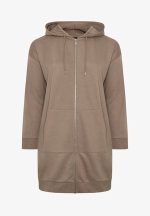 Długi brązowy kaptur z kapturem, zapinany z przodu na suwak, z troczkami, kieszenią kangurką oraz ściągaczami na mankietach i na dole.